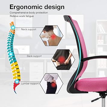 Ergonomic Office Chair Desk Computer Mesh Executive Task Rolling Gaming Swivel Modern Adjustable with Mid Back Lumbar Support Armrest for Home Women Men,Pink