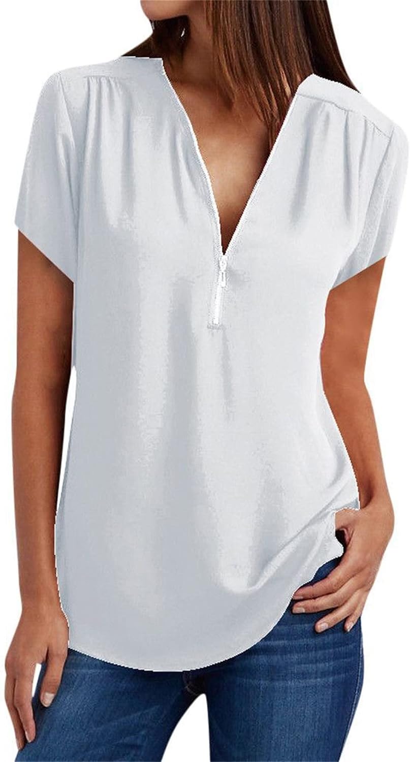 Women's Casual Half Zip V Neck Short Sleeve Solid Color Business Chiffon Tunic Tops Loose Fitting T Shirts Blouse