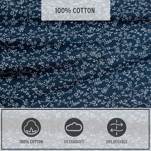 Image of Eddie Bauer - Queen Size Sheet Set, Cotton Percale Bedding with Deep Pocket Fitted Sheet, Bed Sheets with Matching Pillowcases, Petit Floral Blue
