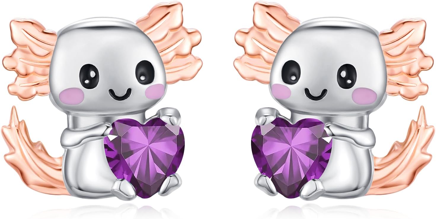 Axolotl Birthstone Earrings 925 Sterling Silver Axolotl Stud Earrings Animal Earrings Jewelry Sea Birthday Gifts for Women