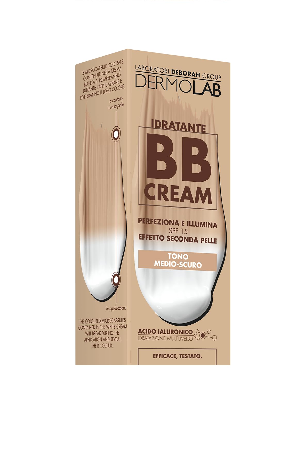 Dermolab - BB Cream Idratante con Protezione Solare SPF15 e Acido Ialuronico, Crema Colorata Viso Effetto Seconda Pelle, Perfeziona e Illumina, Tono Medio Scuro, 50ml