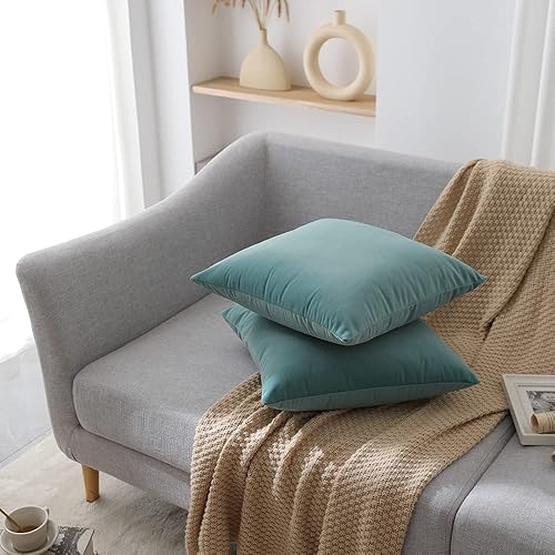 Miniatura 4 de Rythome Juego de 2 fundas de almohada de terciopelo para sofá y cama, 18 x 18 pulgadas, color aguamarina