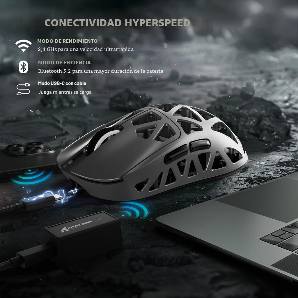 ATTACK SHARK R2PRO 45g Superlight Ratón de Aleación de Magnesio, Sensor PixArt PAW3950, 42000DPI Ultraligero Mouse, 8000Hz Sondeo inalámbrico, Cableado/2,4G/BT, con Cable en Espiral, PC/Mac, Gris
