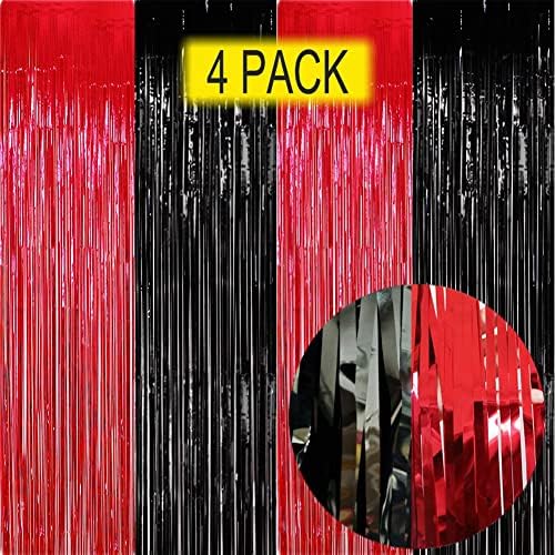 Red and Black Party Decorations- 4 Pack of 3.2x8.2ft Foil Fringe Curtains for Graduation Party Decorations 2023 Casino Theme Party Decorations Red and Black Birthday Decorations