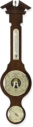 Bey-Berk Estación meteorológica Banjo con barómetro, termómetro e higrómetro en base de madera de nogal y detalles de latón de la estación