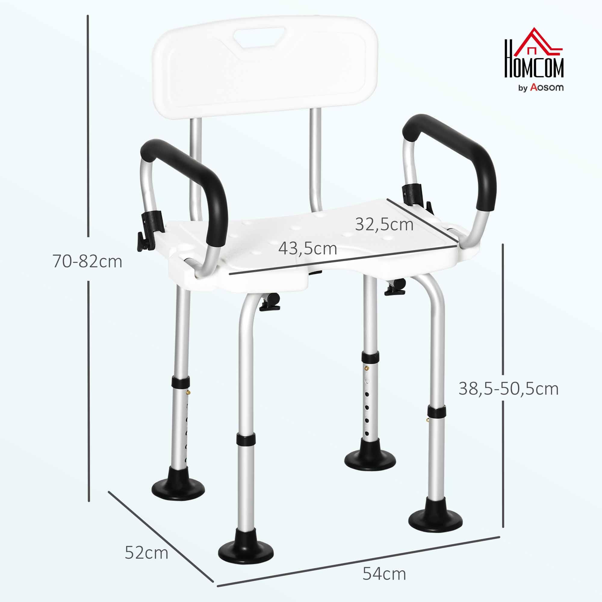 HOMCOM Silla Ducha Personas Mayores Antideslizante con Respaldo 136 kg | Taburete de Ducha, Altura Ajustable, Asiento en U, Apoyabrazos Abatible