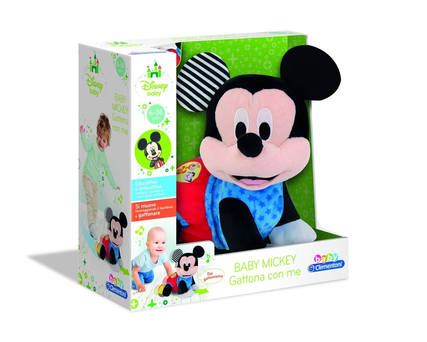 Clementoni Disney Baby Baby Mickey Gattona con Me, Topolino Peluche per Imparare a Gattonare, Gioco Prima Infanzia Bambini 6-36 Mesi, Insegna Numeri e Versi degli Animali, Lingua Italiana, 17237