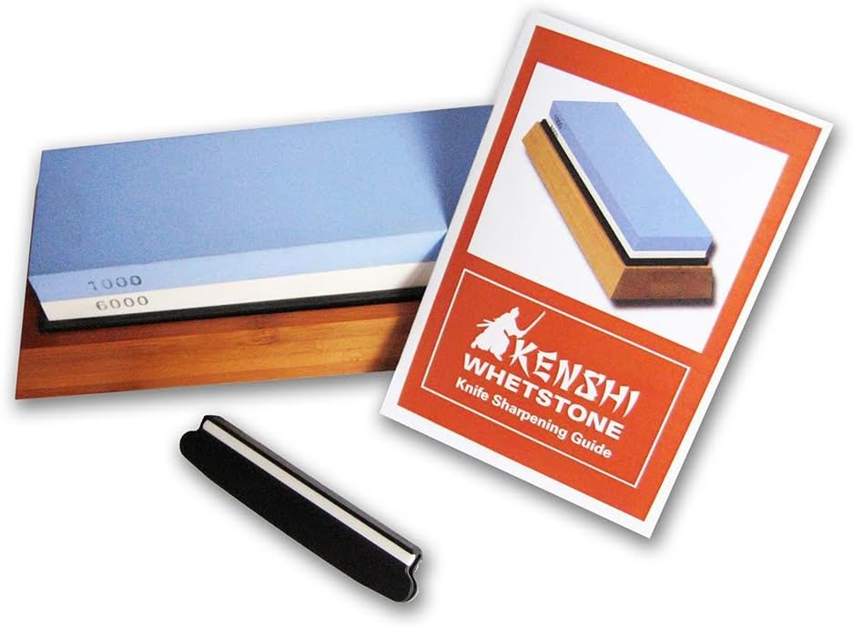 KENSHI Professional Knife Sharpening Whetstone Kit: Angle Guide, Bamboo Base, Combination 1000/6000 Grit. Instruction manual included