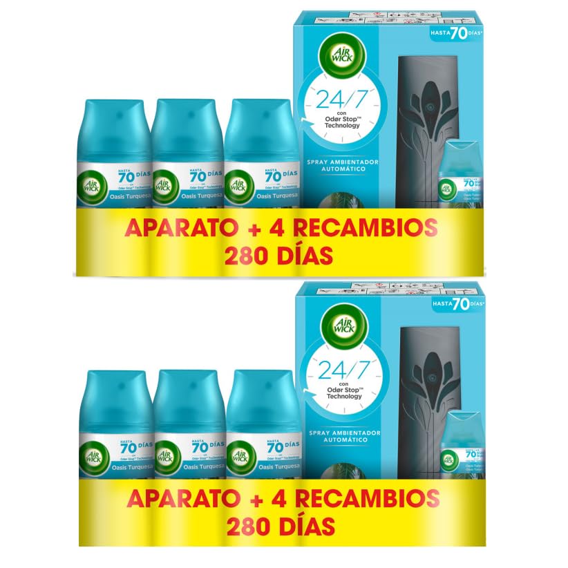 Air Wick Freshmatic - Aparato y Recambios de ambientador spray automático, esencia para casa con aroma a Oasis Turquesa - 2 aparatos y 8 recambios
