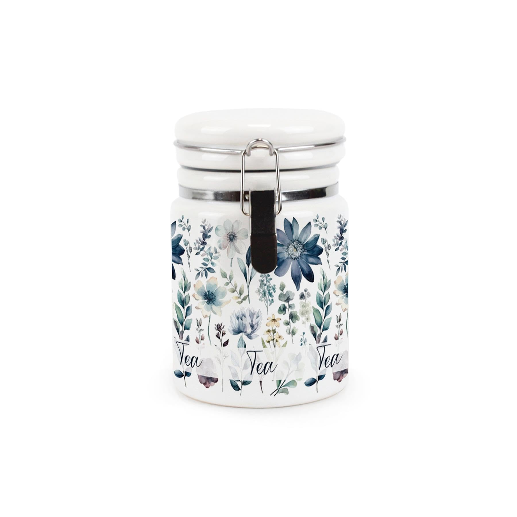 Purely Home Blue Pastel Flowers Tea Canister - Pretty Watercolour Floral Gifts - Ceramic Kitchen Food Storage Container with Clip Lid 400ml (13.5cm x 8.5cm)