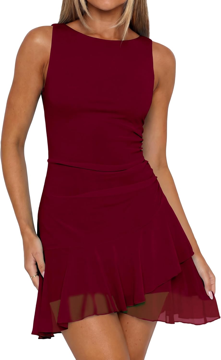 Caracilia Women's Boat Neck Sleeveless Bodycon Mini Dresses Mesh Ruched Wrap Ruffle Hem Cocktail Club Night Party Short Dress