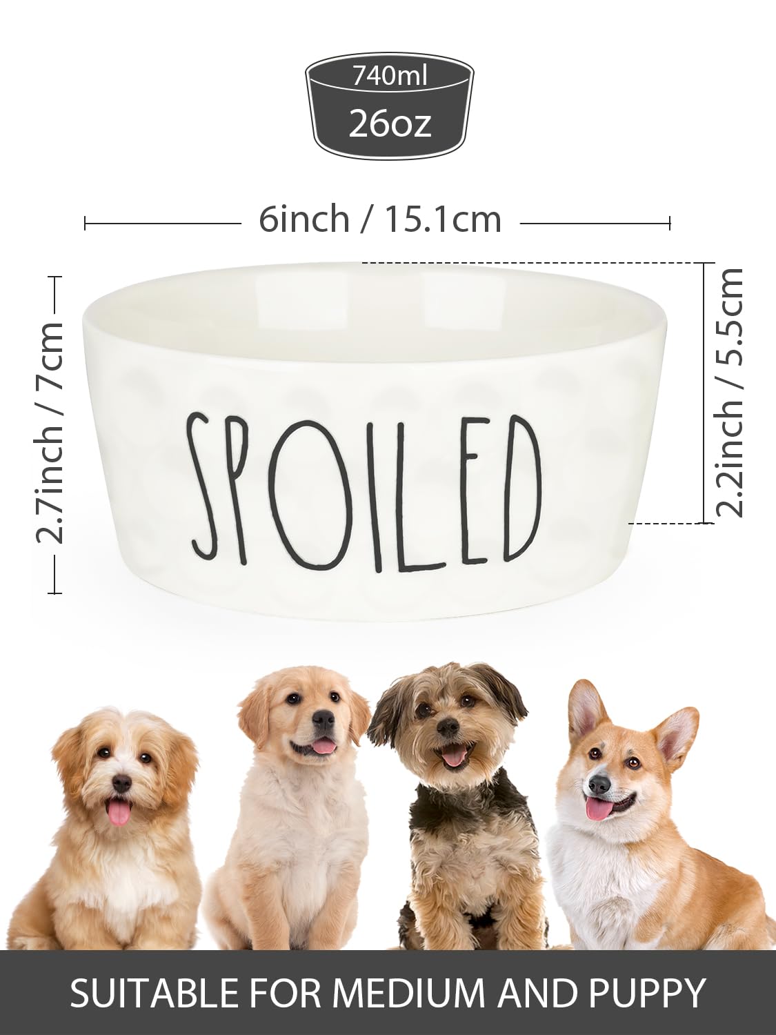 70OZ Ceramic Dog Bowl - 8'' Extra Large Food Water, Heavy Duty Non-Slip Dog Dish for Medium and Large Dogs, Food Grade Porcelain Pet Feeder Bowl, Microwave & Dishwasher Safe, Pink: 6 inch White