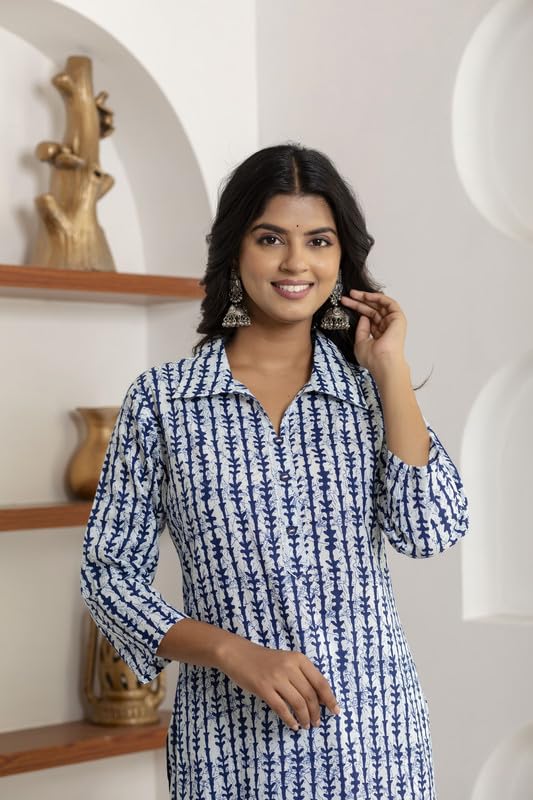 Image of Women Pure Cotton White and Blue Striped Printed Kurta
