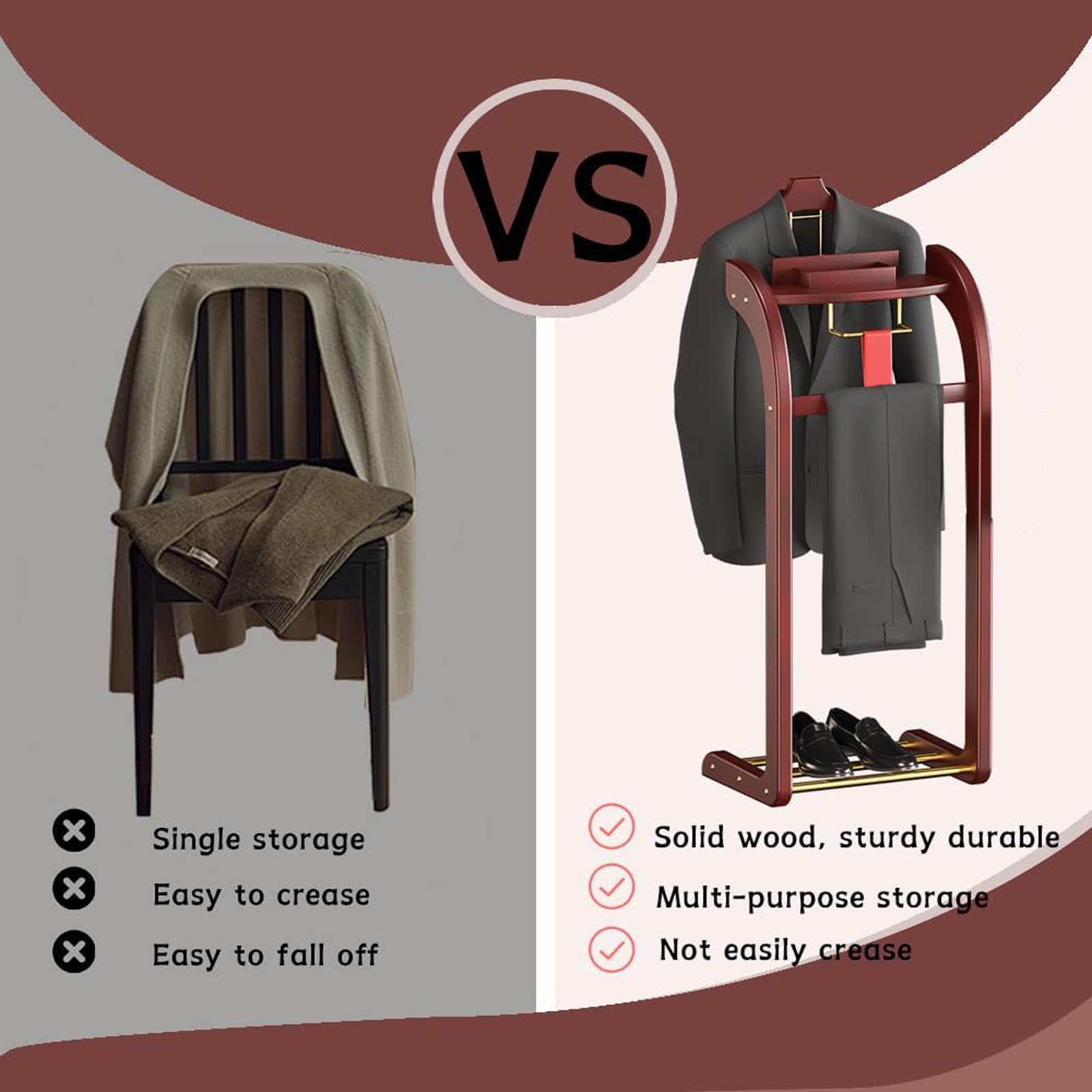Ele Wardrobe Nizer - Appendiabiti in legno con base, per ufficio e soggiorno, include barra per pantaloni e fermacravatta, da uomo