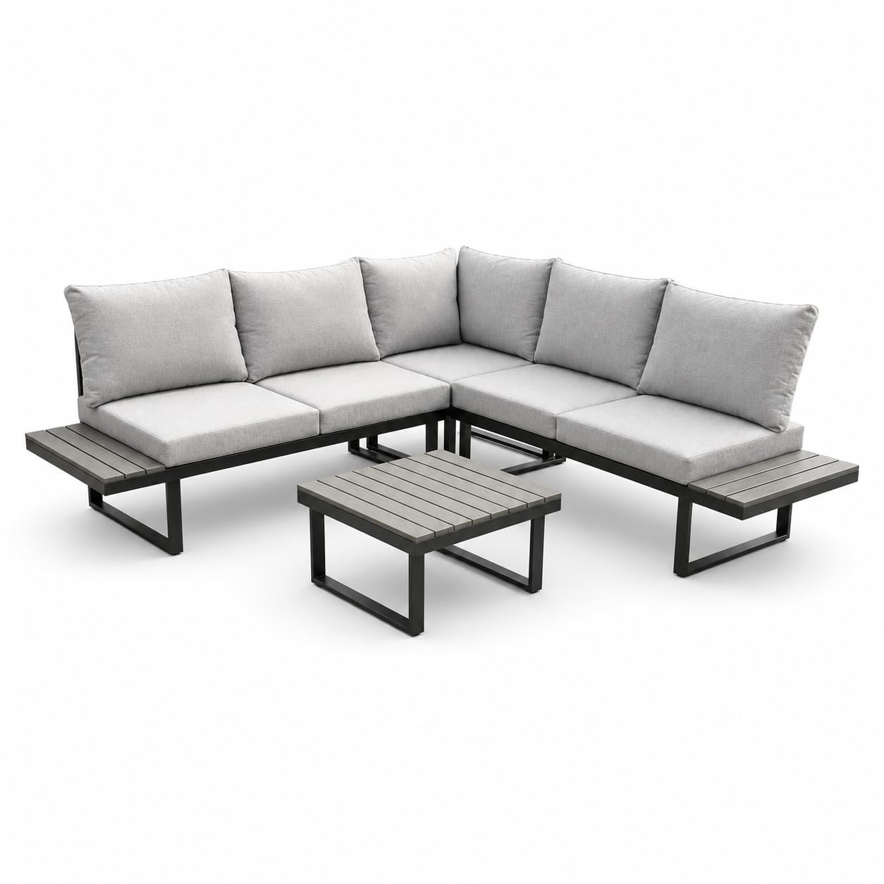 Garten Lounge-Set Pisa, L-Form, Stahl und Holz-Kunststoff-Gemisch, Hellgrau, mit Liegefunktion, inkl. Tisch