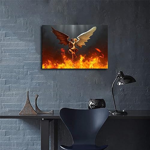 Miniatura 3 de Leotear Lienzo de arte con alas de ángel y diablo y ángel con plumas blancas y negras, arte de pared, póster impreso HD en imágenes, decoración del