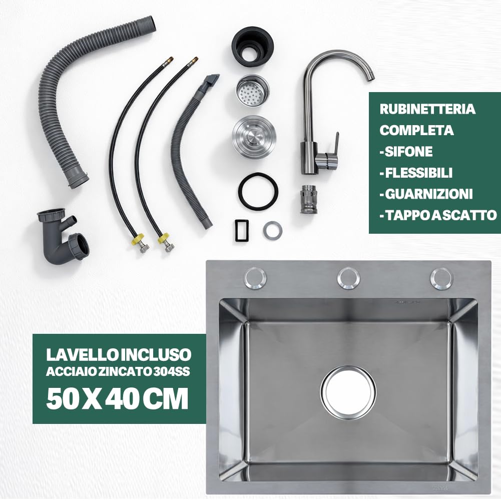 Shally Dogan Sottolavello Cucina 120 x 60 x 85 cm completo di Piano Cottura 4 Fuochi e Lavello in Acciaio Zincato 50 x 40 cm a sinistra, Rubinetteria Completa con Fontana e Accessori Inclusa (Bianco)