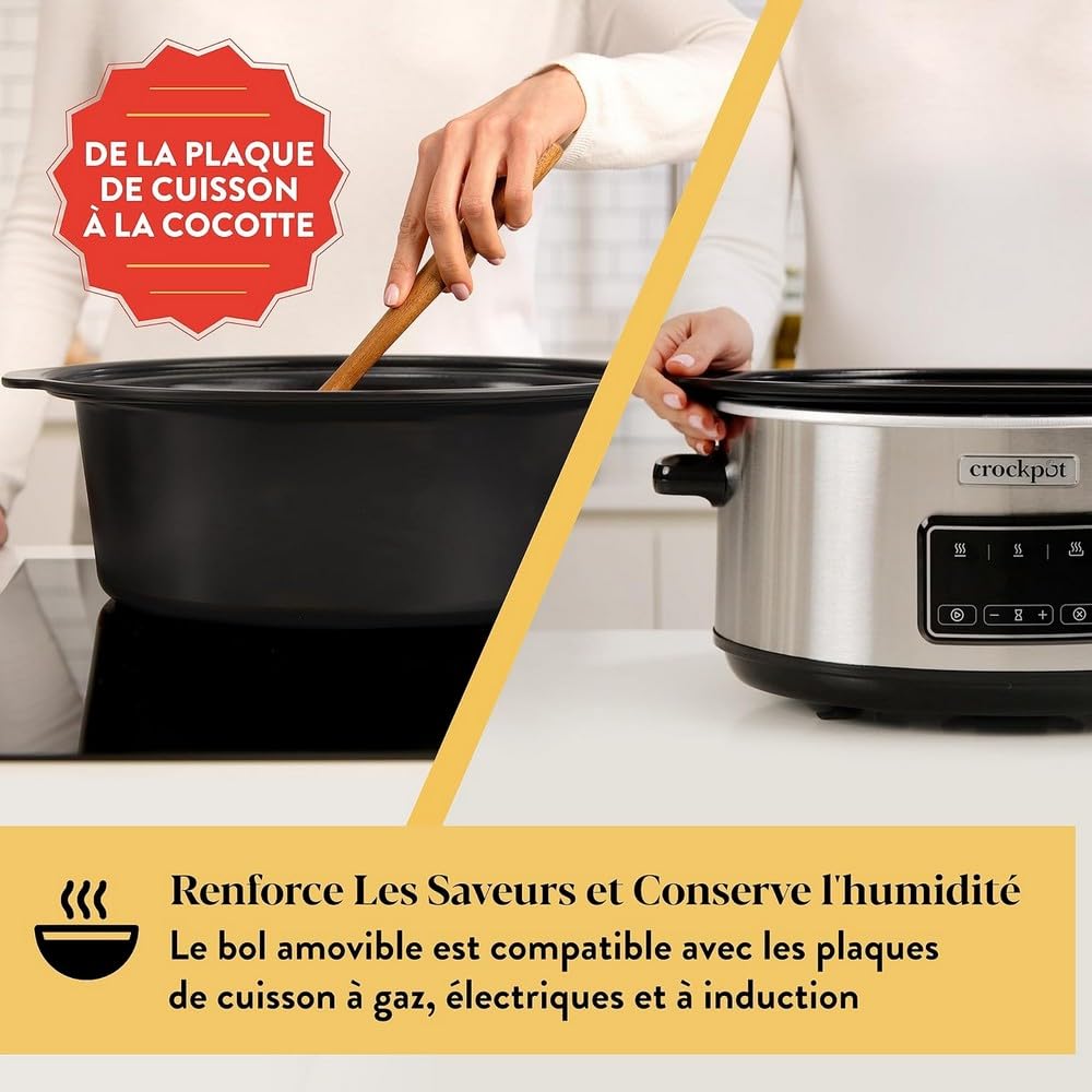 Crockpot Sizzle & Stew Digital Slow Cooker 3.5 L (3-4 persone) Ciotola rimovibile a induzione per la cottura di carni e verdure, presa UE a 2 pin, acciaio inossidabile [CSC112X]