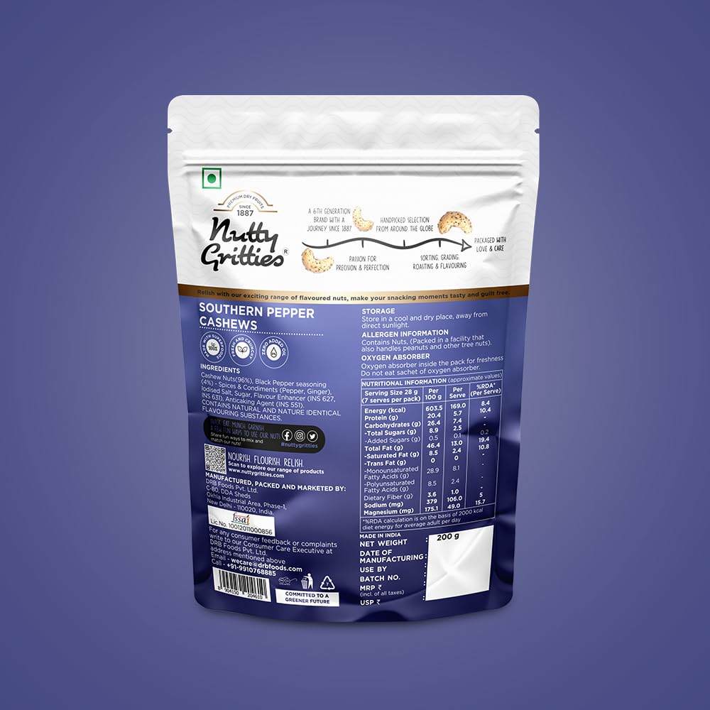 Nutty Gritties Premium Jumbo Size Southern Pepper Cashew Nuts 200g, Natural Flavoured Whole Cashew | W240 | Zero Breakage | Resealable Pouch 1