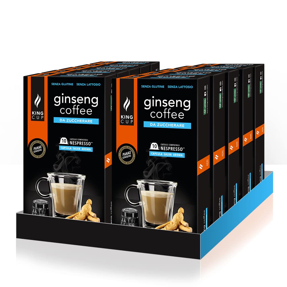 King Cup - 10 Confezioni da 10 Capsule di Ginseng da Zuccherare, 100 Capsule 100% Compatibili con Sistema Nespresso di Bevanda al Gusto di Ginseng, Senza Glutine e Senza Lattosio