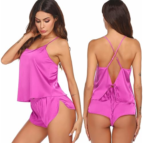 Ekouaer Pajamas Set Soft Women Satin Sleepwear Lingerie 2 Piece Silk Pjs Cami top and Shorts Sleep Camisole Nightwear