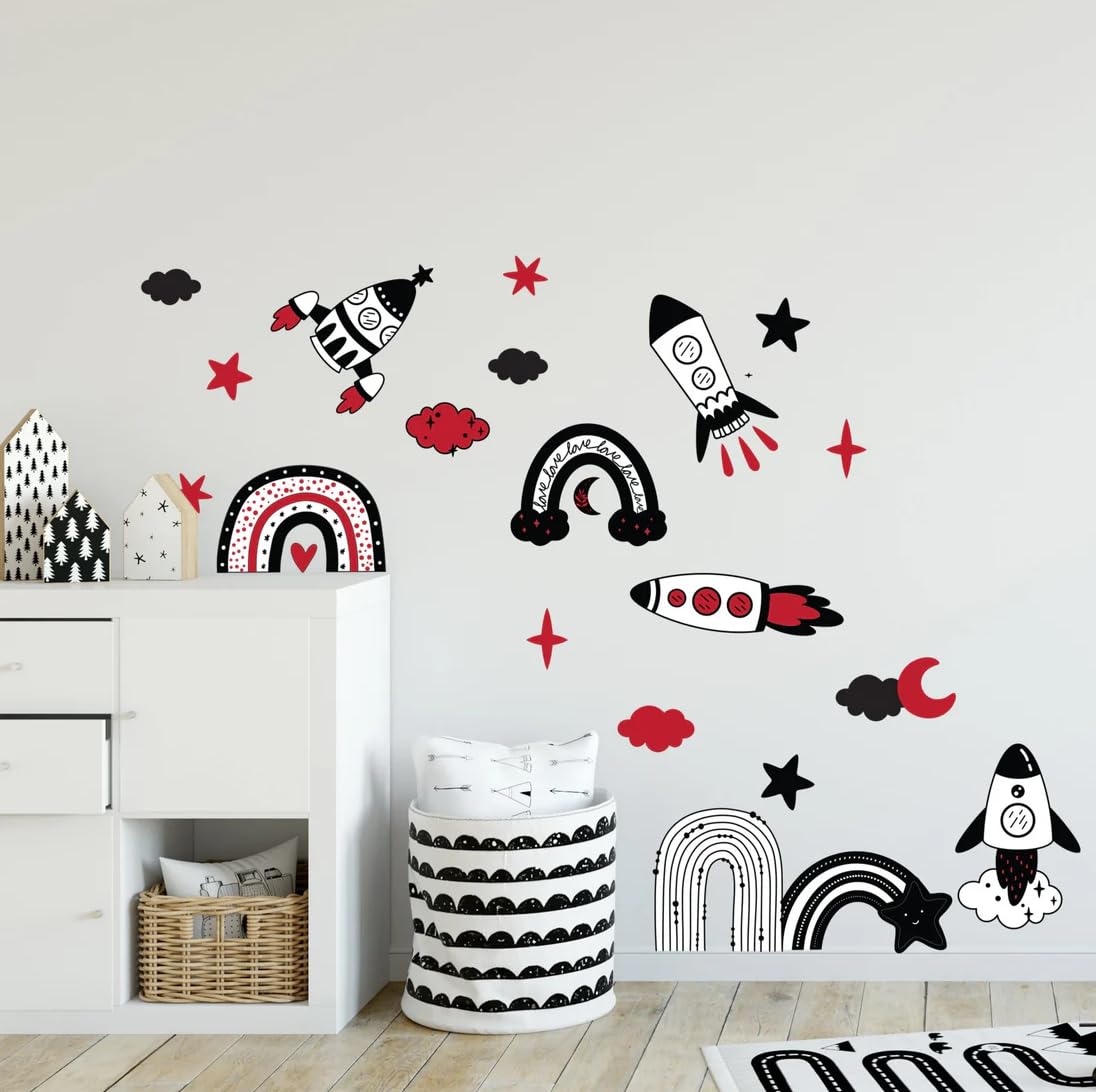 Live Vida Rockets & Rainbows Sensory Textile Wall Sticker Set – High Contrast Black & White Nursery Décor – Visual Stimulation with Red Highlights – PVC-Free Reusable Wall Art for Baby Room