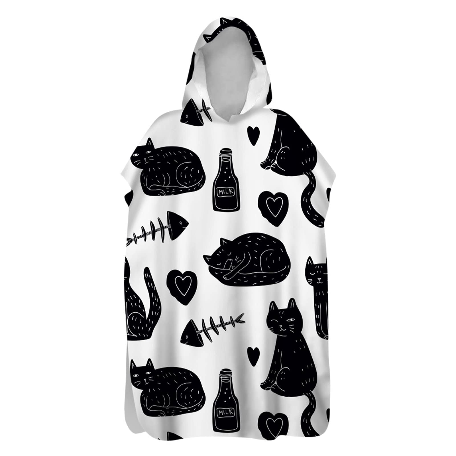 Chickwin Changing Dry Robe Towel Poncho for Adult Kid, Cat Printed Poncho with Hooded Swim Beach Towel Microfibre Beach Surfing Swimming Robe (Black milk,60x110cm)