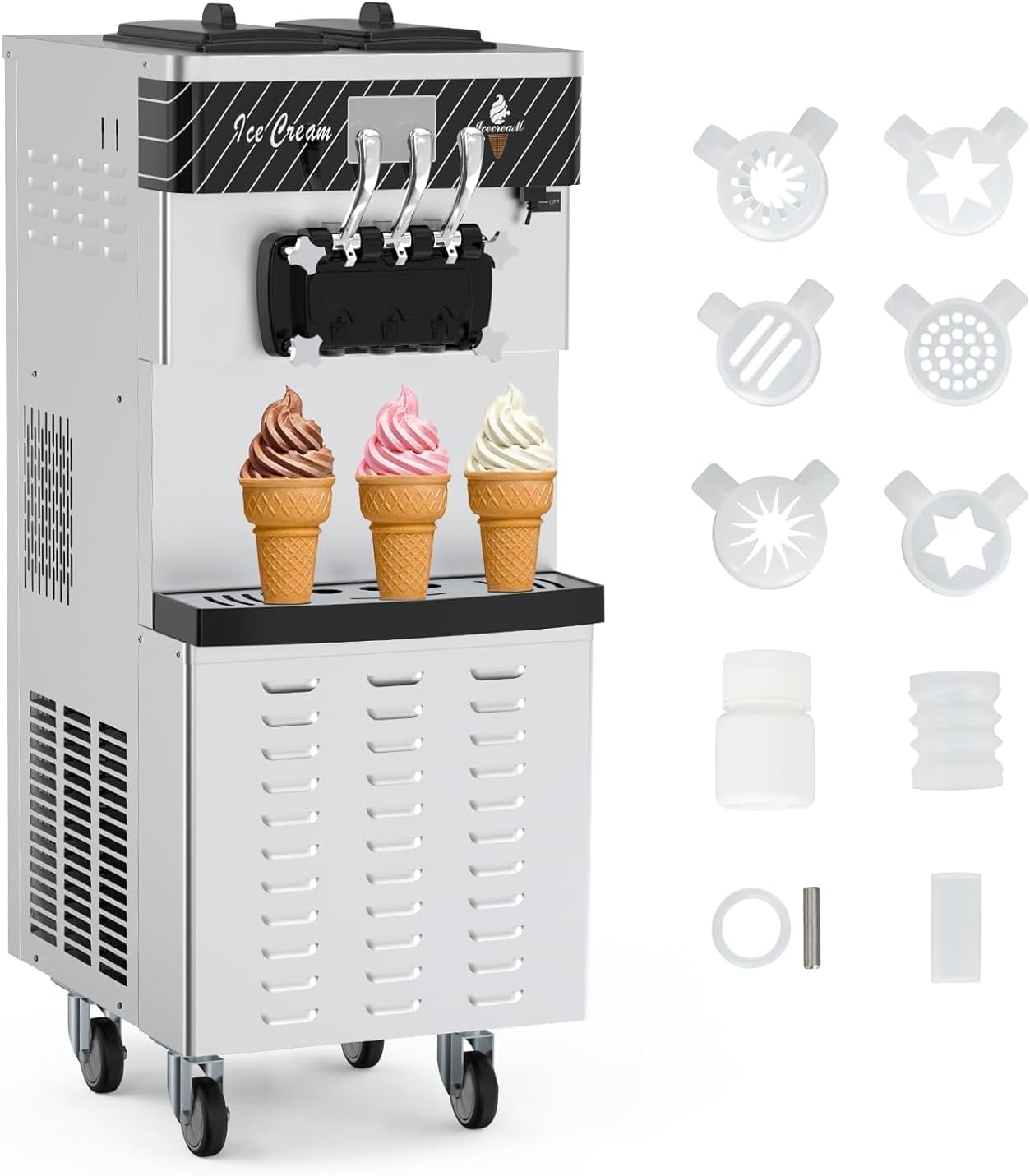 Commercial Ice Cream Maker with Two 12L Hoppers, 3 Flavors Soft Serve Machine. 2450W Compressor, Soft Ice Cream Machine with LCD Panel for Restaurants Snack Bar