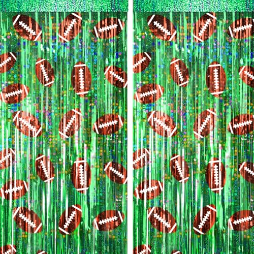 Image of 2 Packs Football Foil Fringe Curtain, Green Glitter Metallic Tinsel Backdrop for Birthday, Baby Shower, Super Bowl, Football Party Decorations Supplies