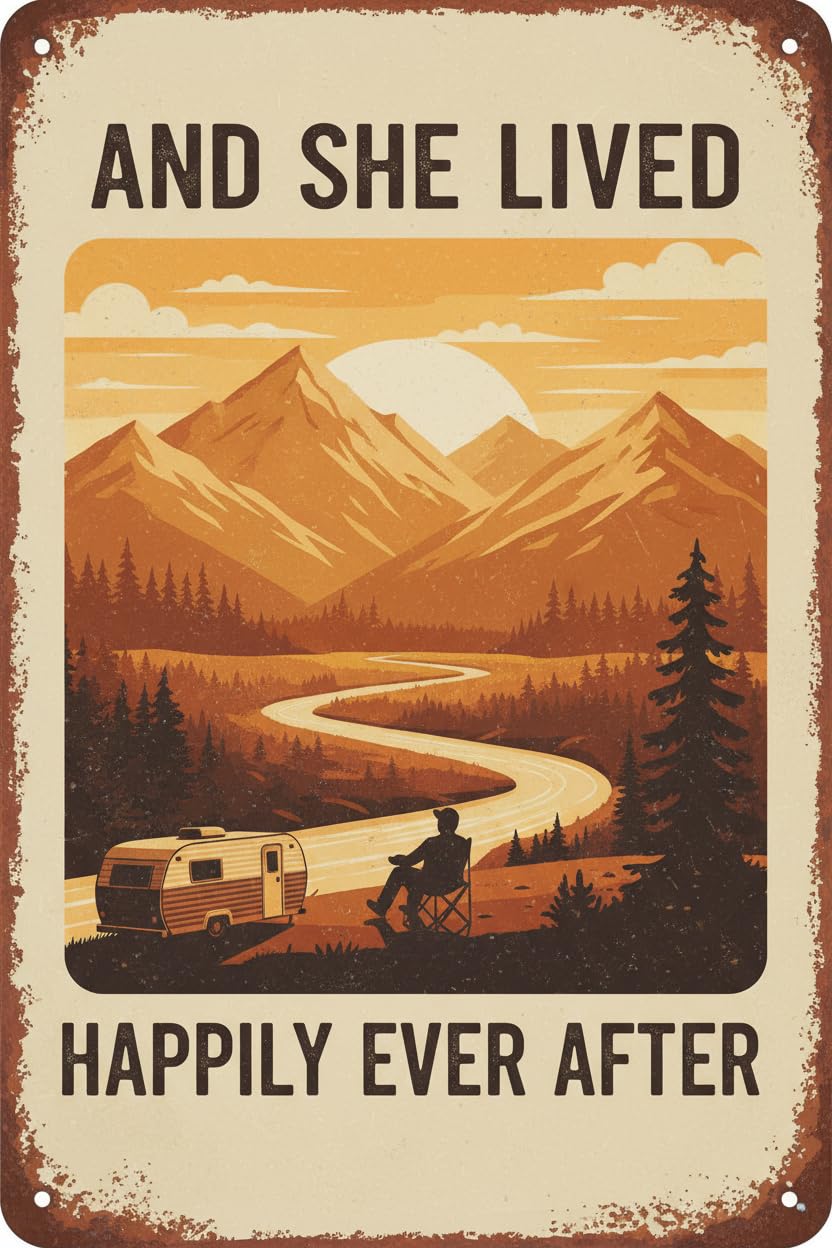 Plaque Metal Sign And She Lived Happily Ever After Camping Tin Sign Vintage Art Wall Decor Sign for Home Bar Pub Cafe Farm Room 8"x12"