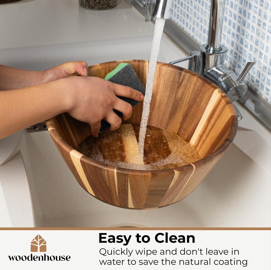 Miniatura 6 de Woodenhouse Juego de 3 cuencos de madera, ensaladera de madera, diseño redondo, grande, para servir, hecho a mano, duradero y elegante, accesorio de