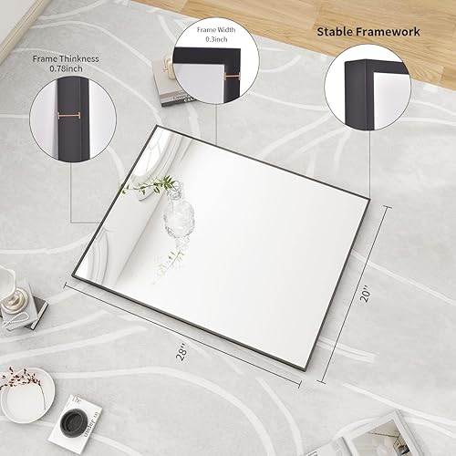 Miniatura 6 de BEAUTYPEAK Espejo de pared negro para baño, espejo rectangular de 20 x 28 pulgadas con marco de metal, se cuelga horizontal o vertical para sala de