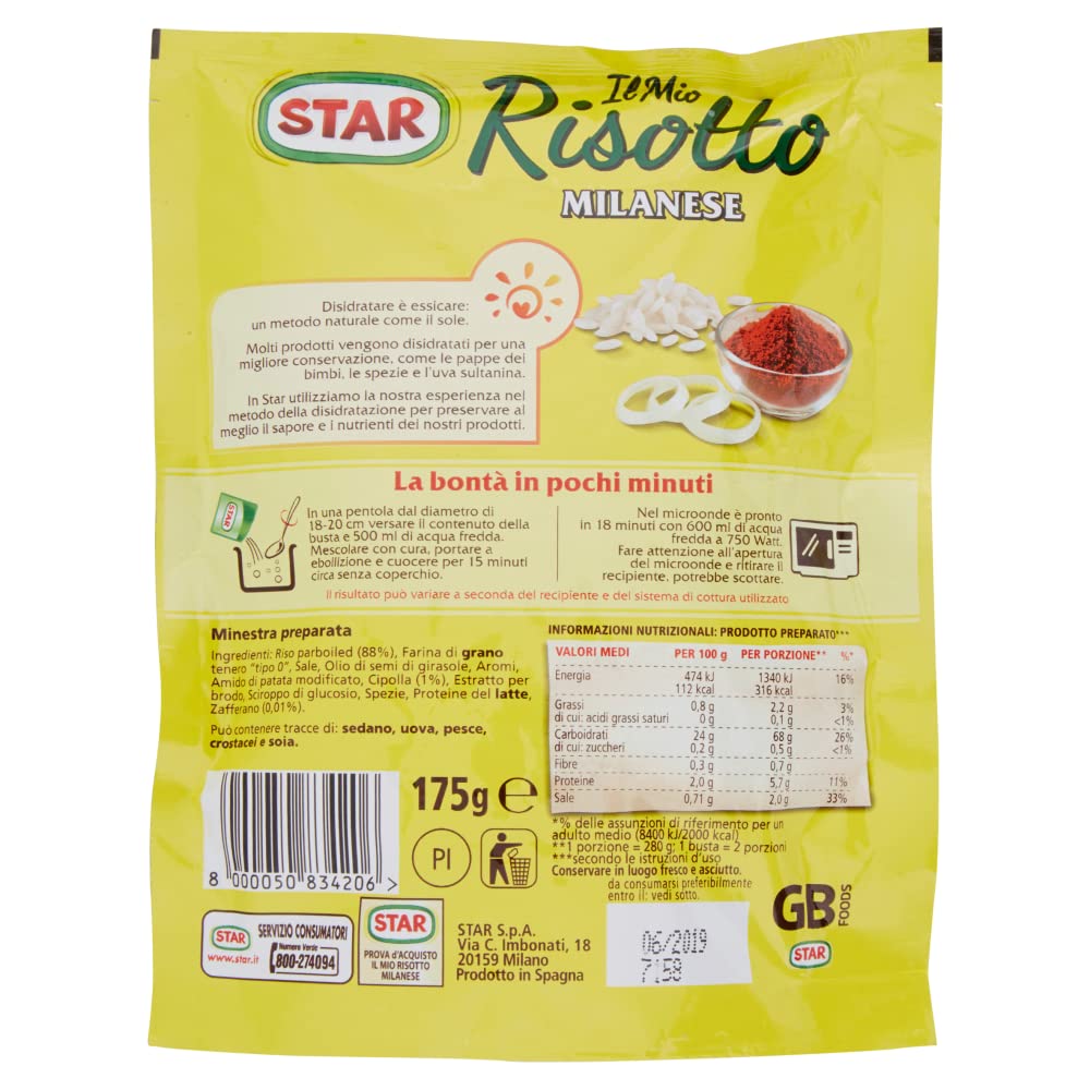 Star Risotto Lot de 10 crèmes au riz crémeux Alla Milanese au safran 175 g Plats préparés 100% italiens + Polpa Italian Gourmet 400 g