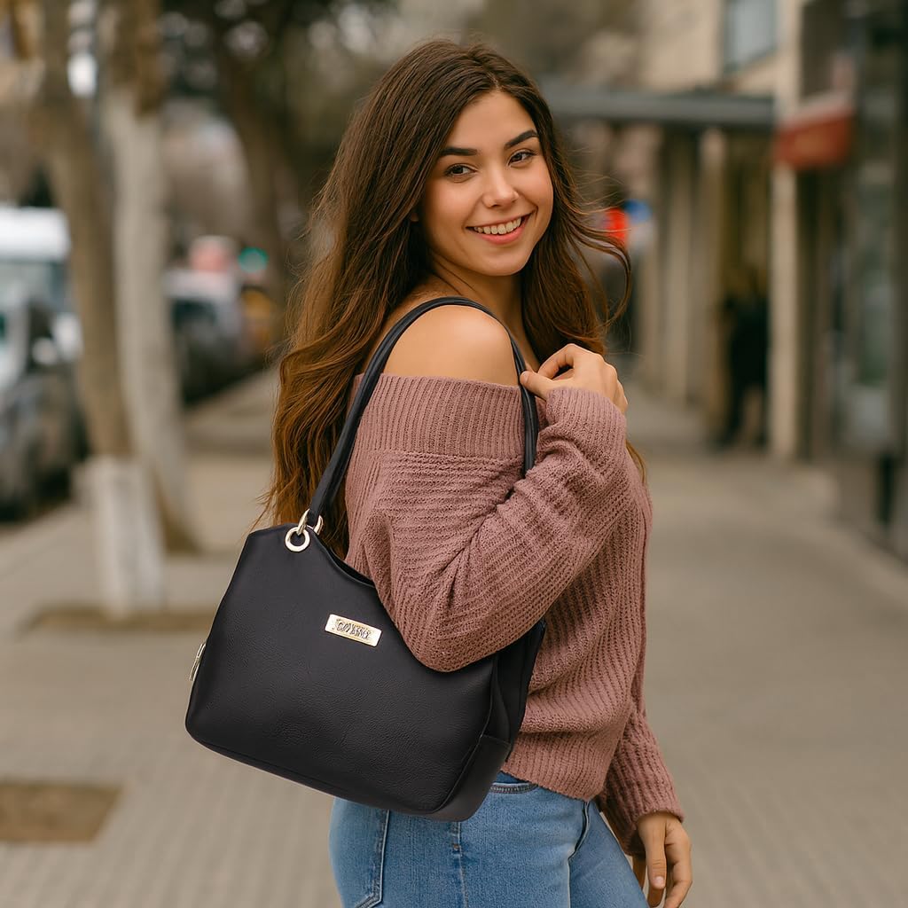 Women's Black Genuine Leather Top Handle Shoulder Tote Bag, Ladies Satchel Handbag Purse for Work, Office, Daily Use