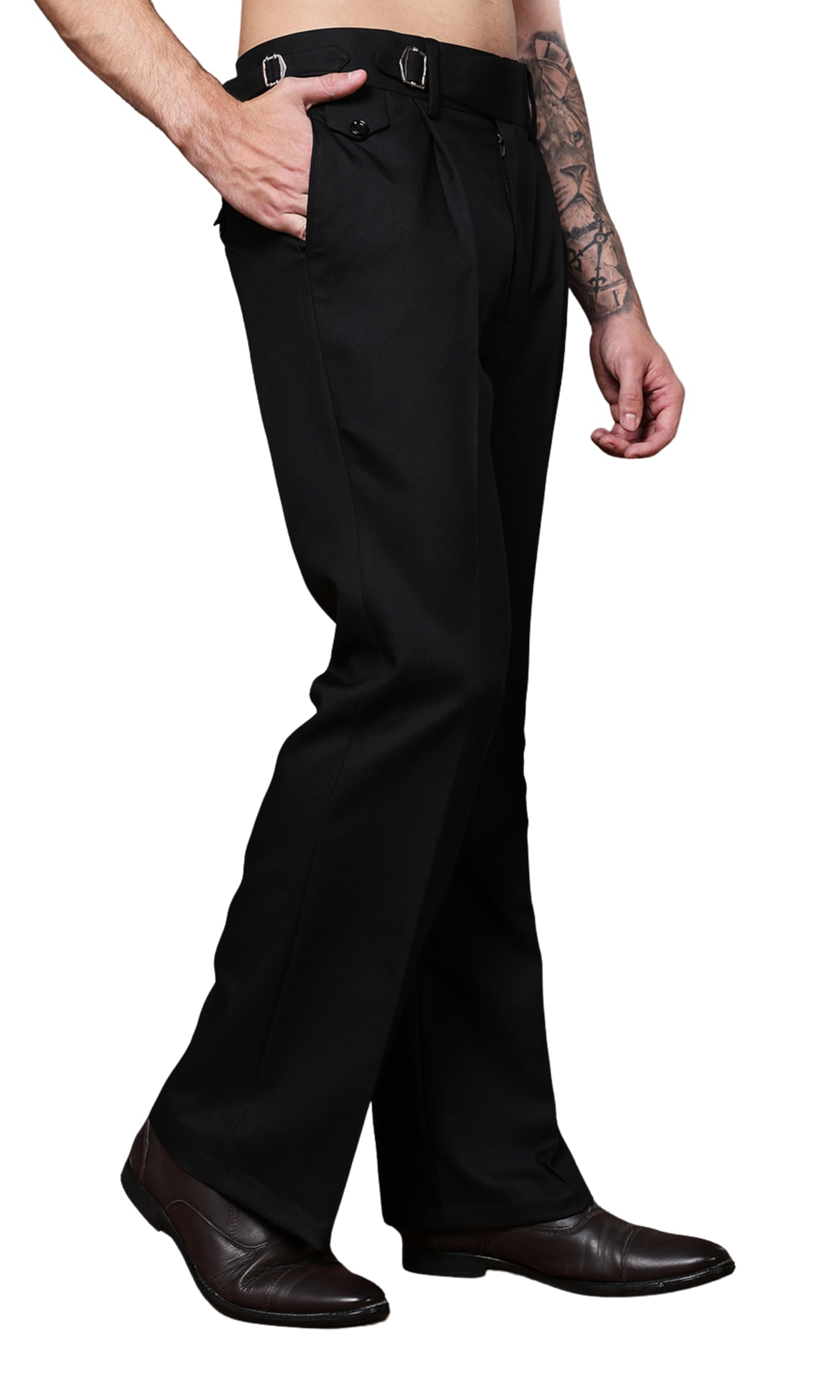 vastranu Mens Beige Gurkha Pants with Single Buckle Closure Premium Casual Bell Bottom Trousers for Men High Waist Pleated Formal & Casual Wear Pant Stylish Retro Flared Bottom Pant-picture-29