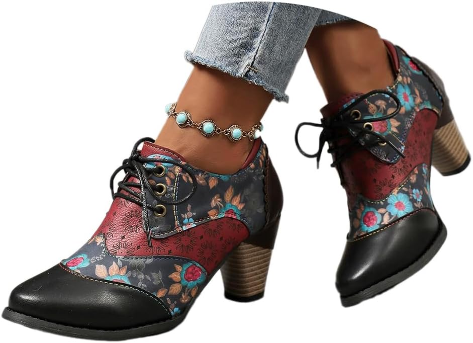 Onsoyours Women's Short Boots with Block Heel Ankle Boots Winter Boots Retro Printed Ankle Boots Western Riding Boots