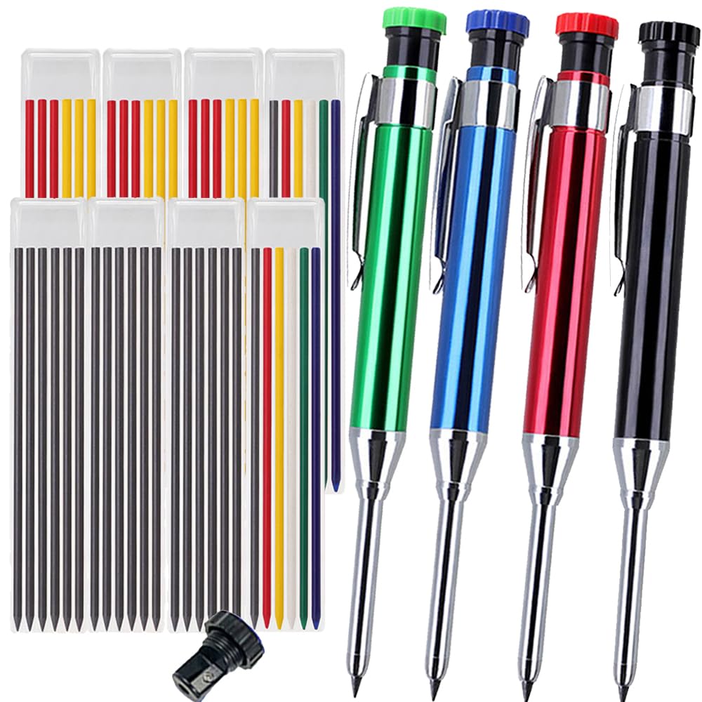 [BRSREGAPCN7RYHYV] Professional multi-color aluminum woodworking pencil set -3 sizes (2/3/4 pieces)+mixed lead core+additional sharpener, suitable for woodworking and metal marking (Black, red, blue, green)