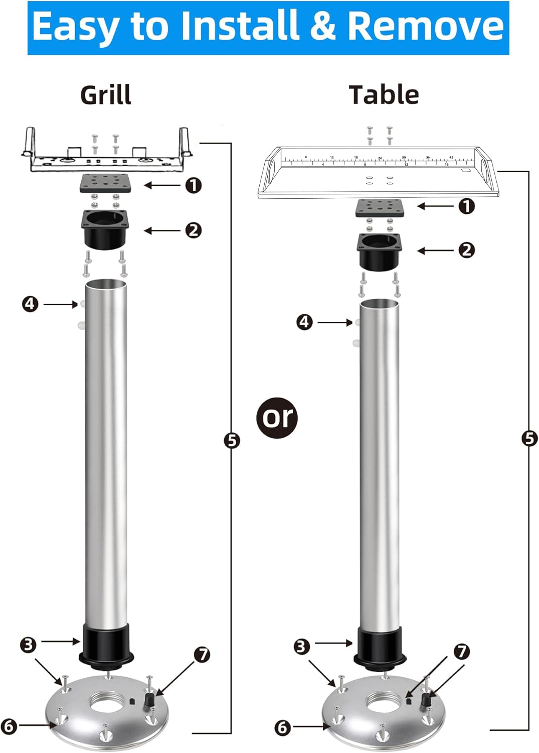 Boat Grill Pedestal Mount for Rectangular Grill or Single Table,Marine Boat Barbecue Grill Mount Base Double Lock Stowable for Swim Platform on Pontoon/Sailboat/Deckboat,Marine Grill Accessories