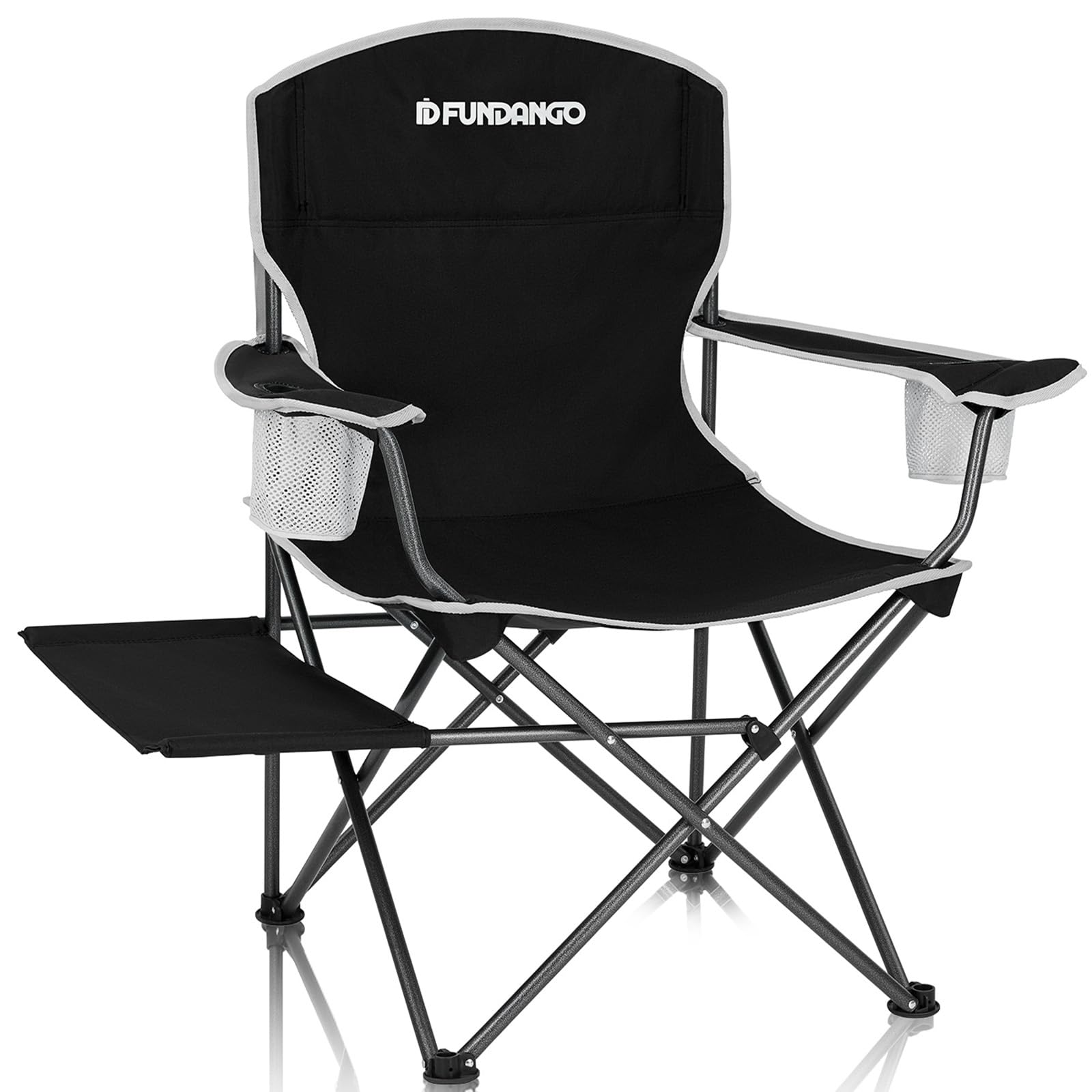 FUNDANGO Folding Camping Chair with Table, Portable Heavy Duty Outdoor Padded Chairs for Adults with Cup Holders for Lawn Beach Picnic Outside Travel (Black)