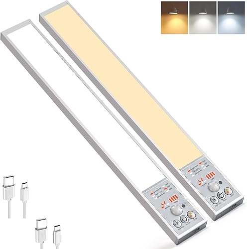 Miniatura 10 de Geekeep - Luces regulables para debajo del gabinete, batería recargable de 2800 mAh, 3 luces de armario de colores, luz con sensor de movimiento, 4