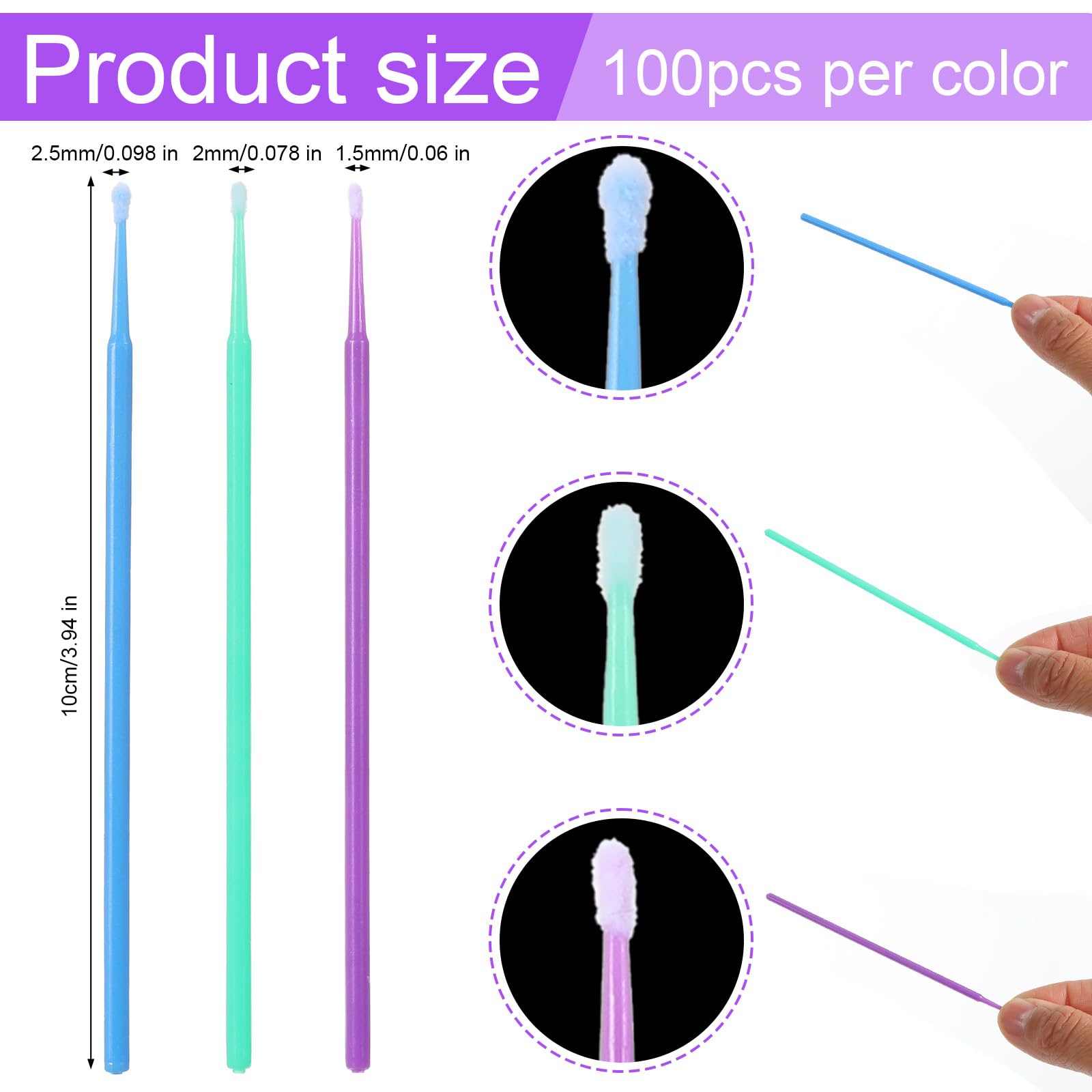 Oruola 300 micro applicatori, pennelli per micropori, per ritocchi, per riparazione di scheggiature, usa e getta, 3 diverse dimensioni di pennelli per ritocchi da 1,5 mm, 2 mm, 2,5 mm