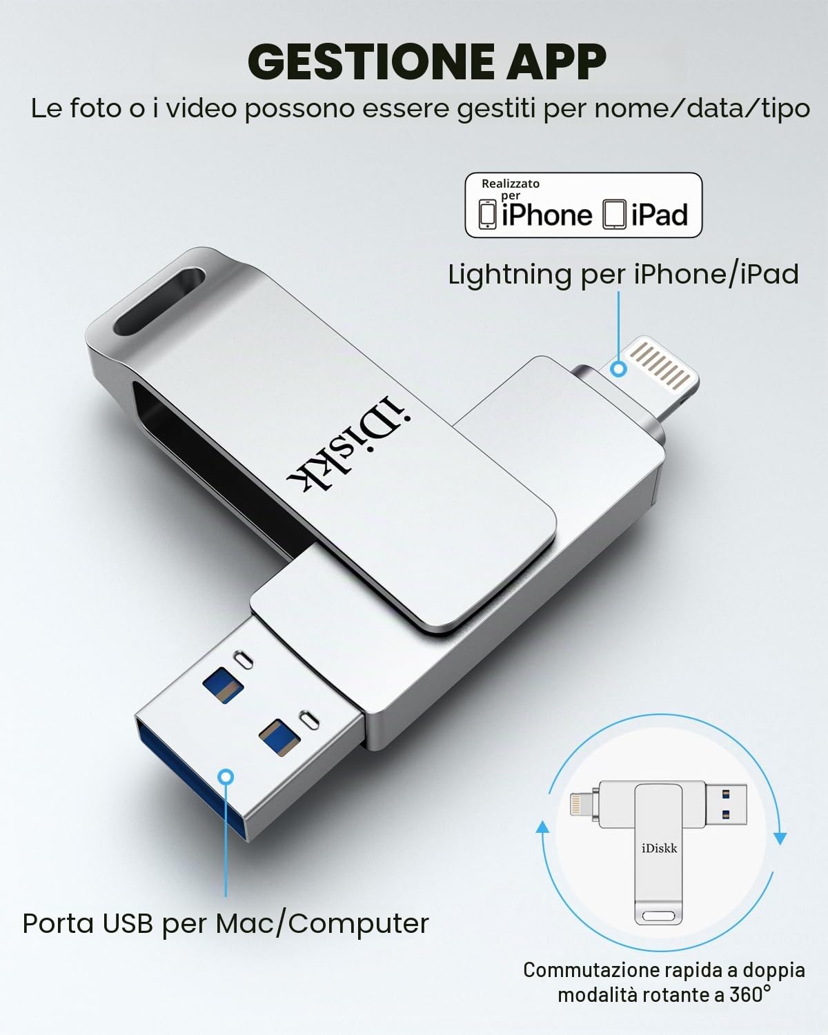 iDiskk 128GB Chiavetta lightning USB per iPhone Chiave fotografica certificata MFi per iPad, pendrive esterna memoria di backup Mac e PC