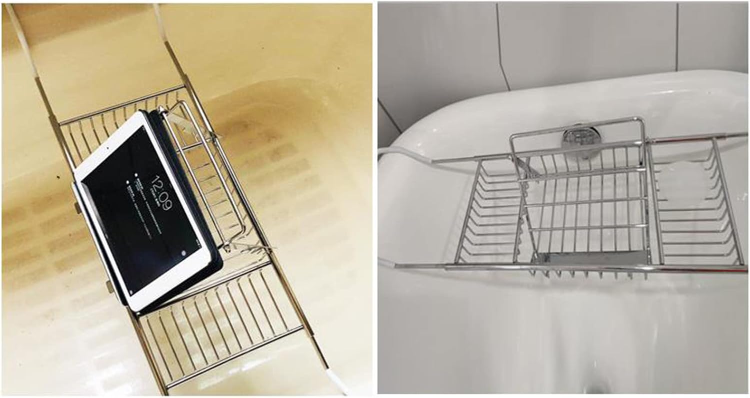Stainless Steel Bathtub Caddy Tray with Removable Book Holder Expandable Shower Bathtub Tray Over Bath Tub Racks Shower Organizer Non-Slip Grip Fits Most Tubs,Silver