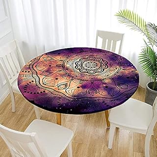 Fansu Round Tablecloth Waterproof Wipe Clean, Circular Tablecloths Fitted Elastic Edged, Stain Resistant Polyester Table Cover for Dinning Room Kitchen Picnic (Black bohemian,120cm)