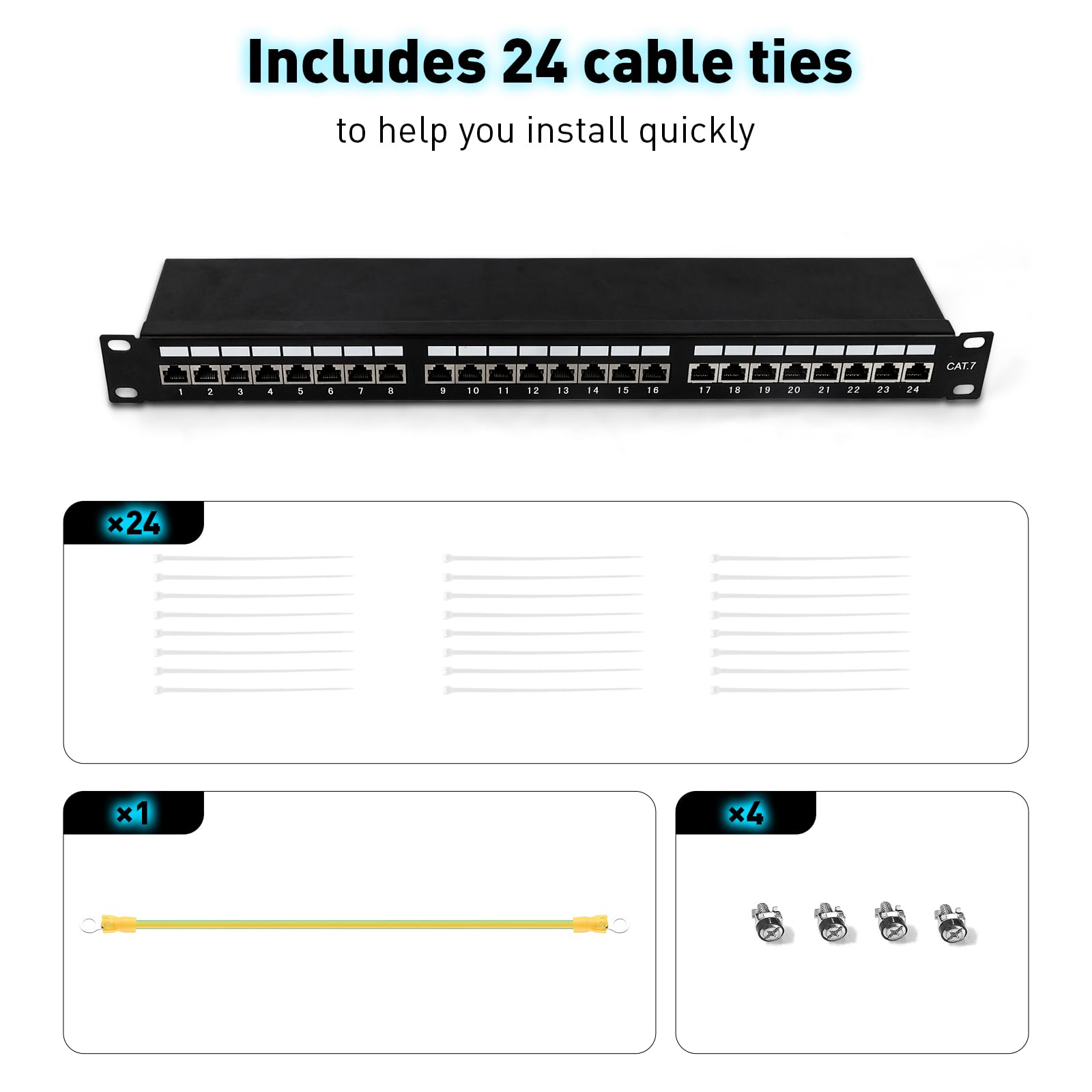 Kit Panel de Conexiones CAT 7 24 Puertos Blindado, 600 MHz, 10 Gbit/s con Accesorios para Montaje en Rack 19"
