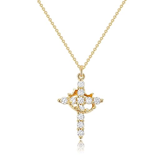 Upgraded Crown Cross Necklace for Women Women's Gifts 14K Gold Plated Crown Cross Pendant Necklace Diamond Cross Necklaces Faith Cross Jewelry First Communion Gifts