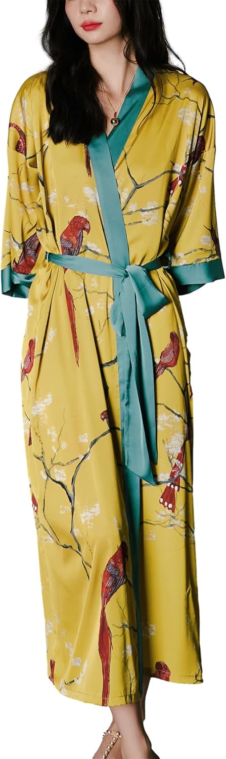 Silk Satin Robe for Women Long Japanese Kimono Robe Lightweight Soft Bathrobe Floral Luxury Dressing Gown