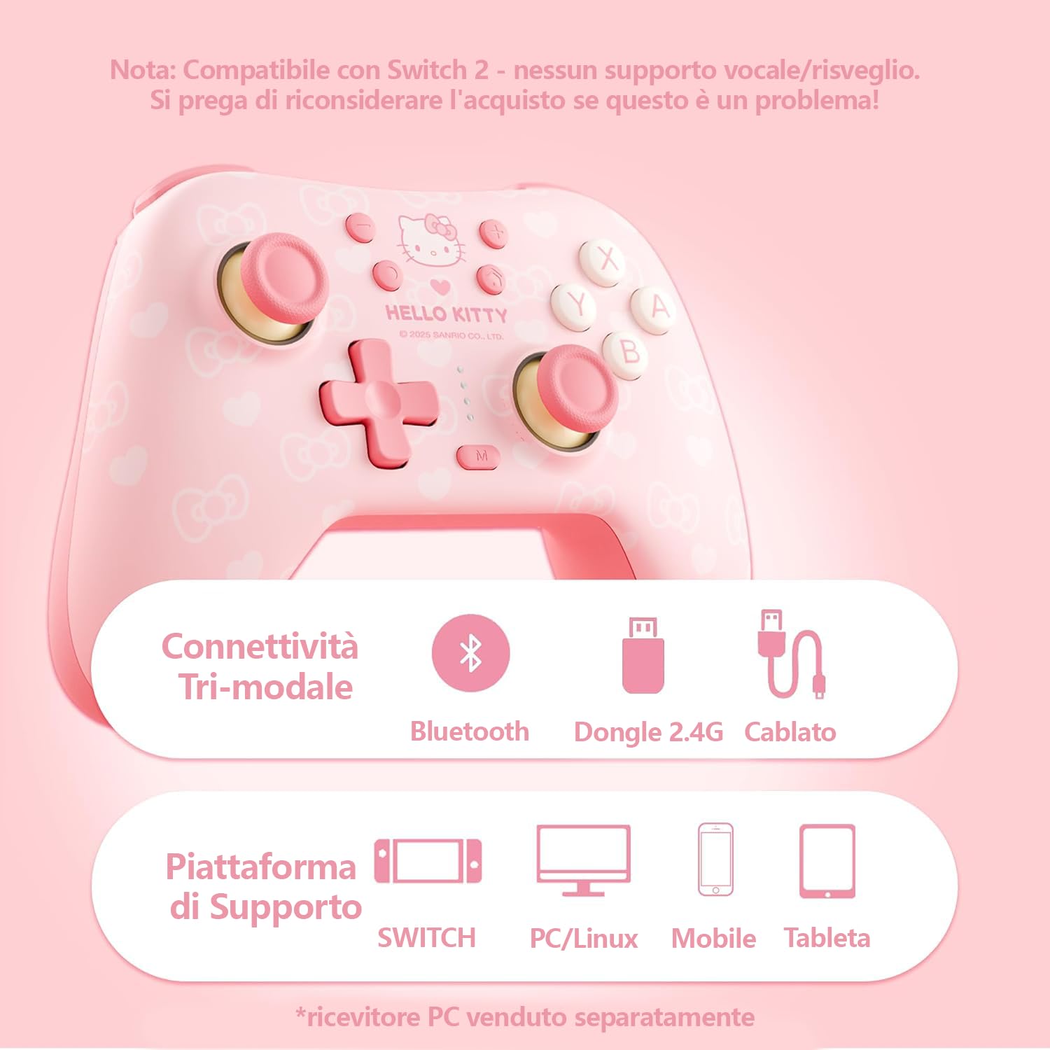 Kuitmor Controller PC Wireless– Joystick a Effetto Hall– 2.4G & Bluetooth & Cablato– Pulsanti Programmabili– 1000Hz– 1000 mAh– Turbo/Vibrazione/RGB Regolabili– per PC/Switch/iOS/Android/Linux– Rosa