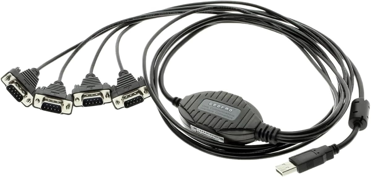 4 Port USB to RS232 Serial Adapter with FTDI Chipset – Supports Windows 11, 10, 8, 7, Linux & Mac, Features Plug-and-Play Without Configuration, ESD & Surge Protection (5ft Length)