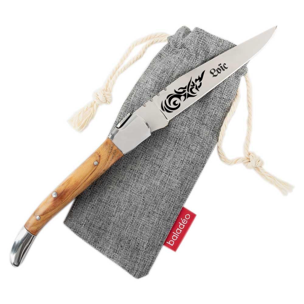 Ocadeau Couteau de poche avec manche en Olivier personnalisé gravé – Couteau pliant avec gravure texte sur la lame – Couteau personnalisé & Idée cadeau homme personnalisé